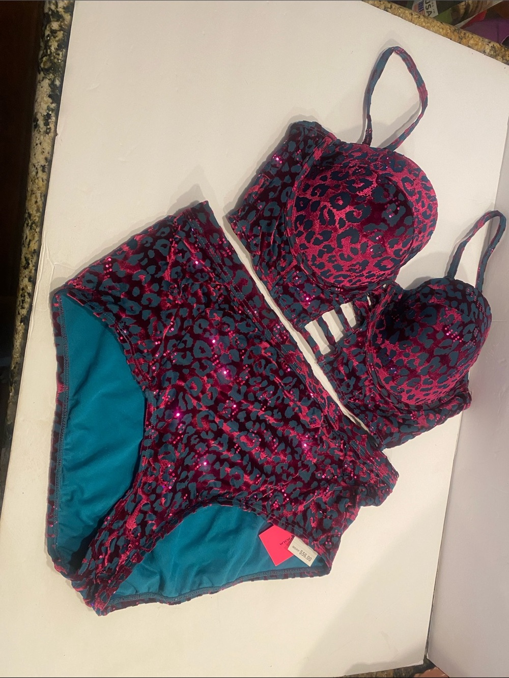 Women’s  Two-Piece Pink & Teal Leopard Print Swim Set Betsy  Johnso size large